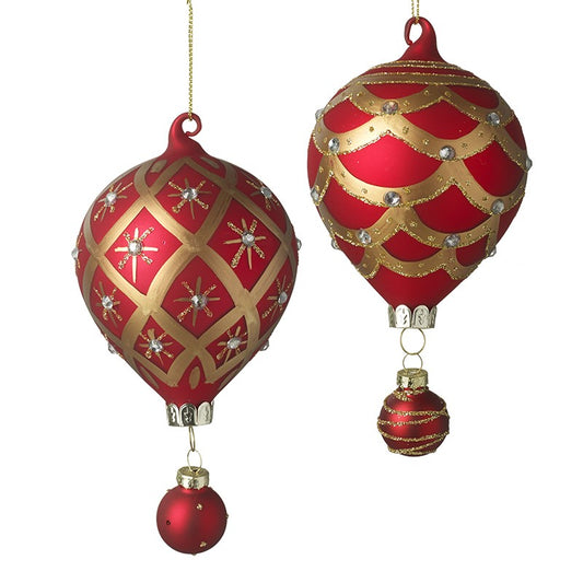 Set of 2 Red And Gold Glass Hot Air Balloon Hanging Bauble