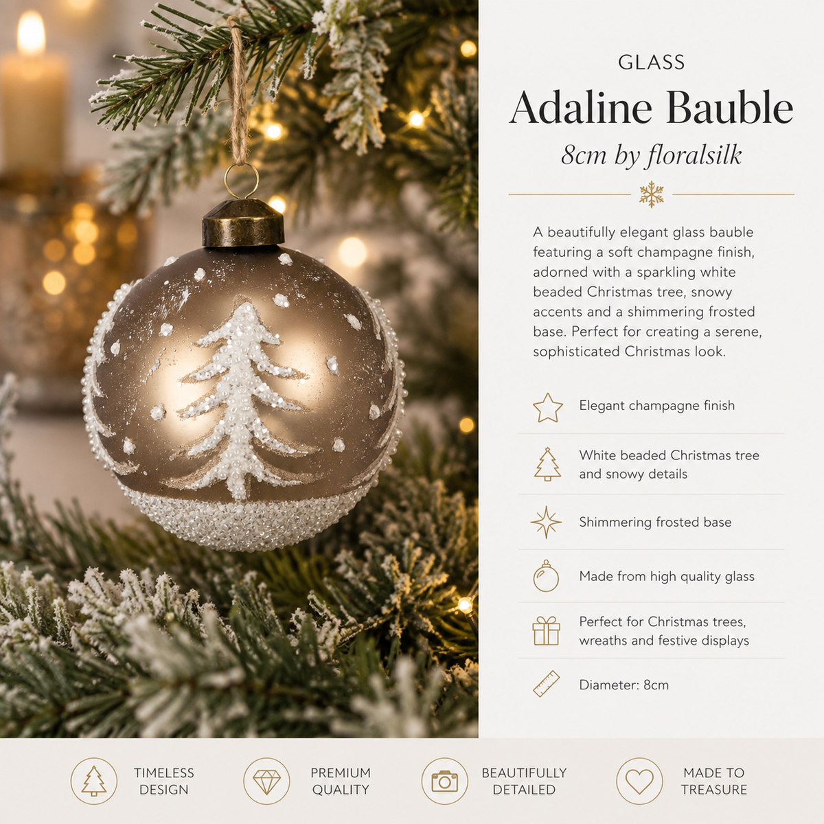Adaline Bauble 8cm by Floralsilk – Champagne Christmas Tree Decoration