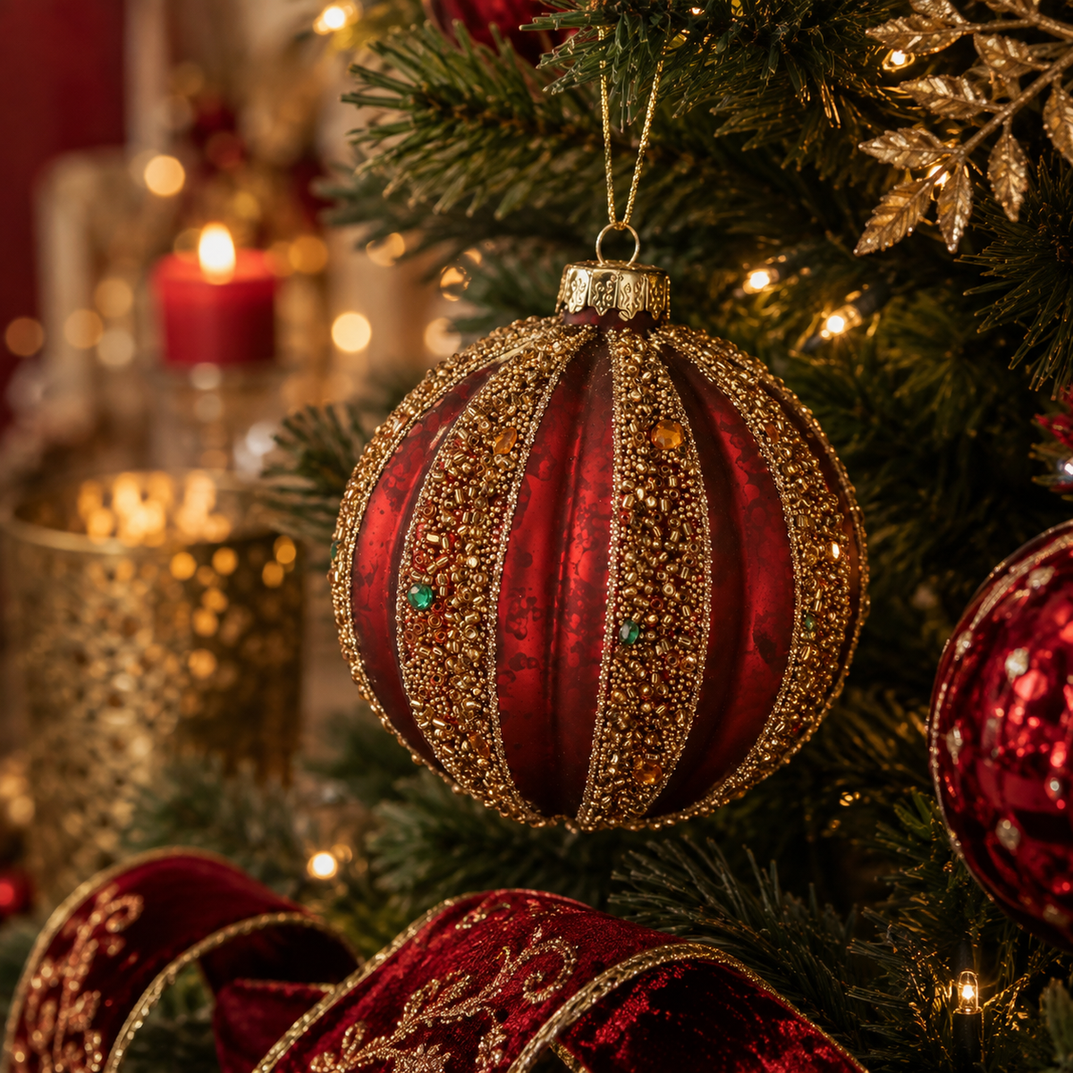 Antique Red & Gold Glitter Ribbed Glass Christmas Bauble