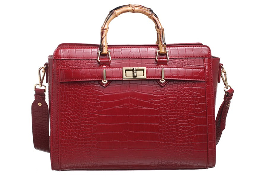 Croc Print Wooden Handled Ladies Tote Handbag - Wine