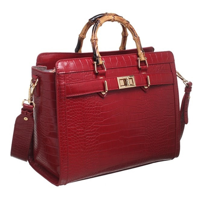 Croc Print Wooden Handled Ladies Tote Handbag - Wine