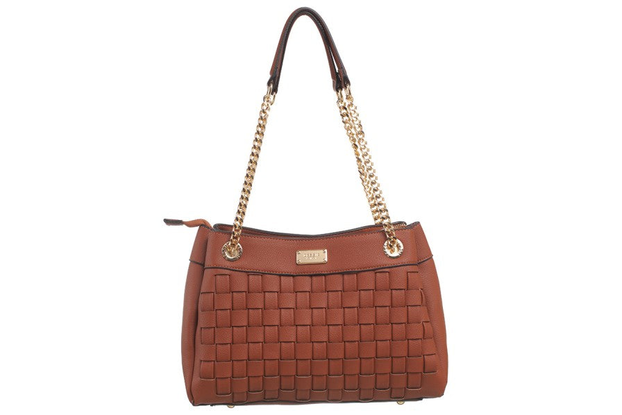 Bessie London Gold Chain Shoulder Handbag in Tan