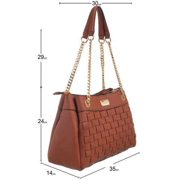 A brown woven leather handbag with gold chain shoulder straps, shown on a white background with dimension lines and measurements indicating 35 cm width, 29 cm height, 24 cm depth, and 14 cm base width.
