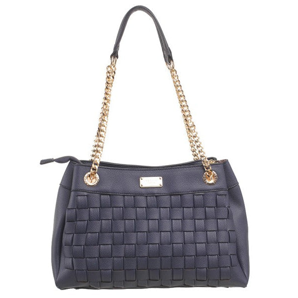 A navy blue woven leather handbag with a gold-tone chain shoulder strap and a small silver-tone metal plaque on the front, shown against a plain white background.