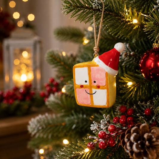 A hand-painted ceramic Christmas ornament shaped like a gift box with a Santa hat, hanging on a decorated Christmas tree with warm lights and red berries.