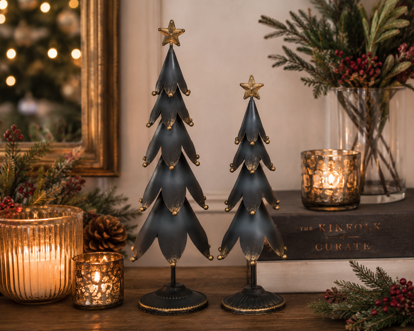 Metal Dark Blue-Black & Gold Christmas Tree With Star – 32cm & 40cm