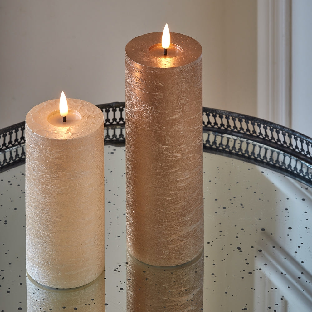 Set of 2 Metallic Pillar Candles (Dark or Light Champagne)