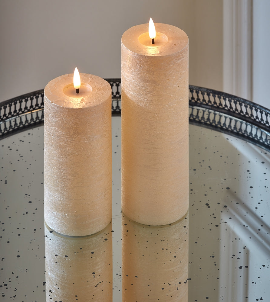 Set of 2 Metallic Pillar Candles (Dark or Light Champagne)