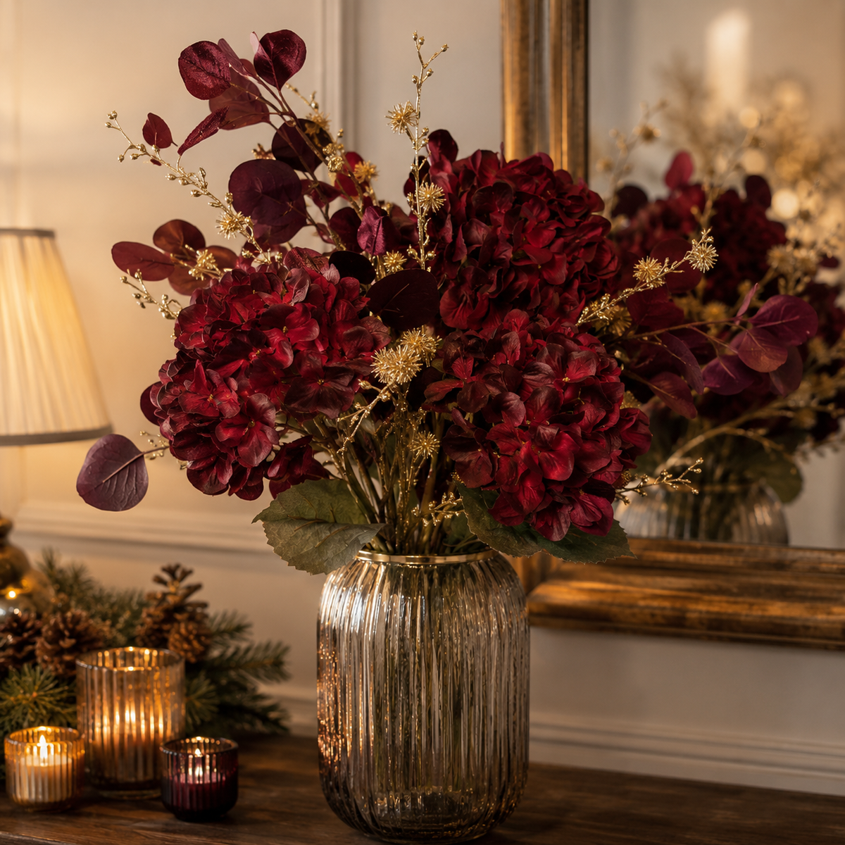 Burgundy & Gold Faux Hydrangea & Thistle Bouquet 87cm by Floralsilk
