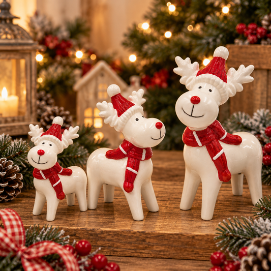 Ceramic White Christmas Reindeer with Red Nose & Scarf – 3 Sizes