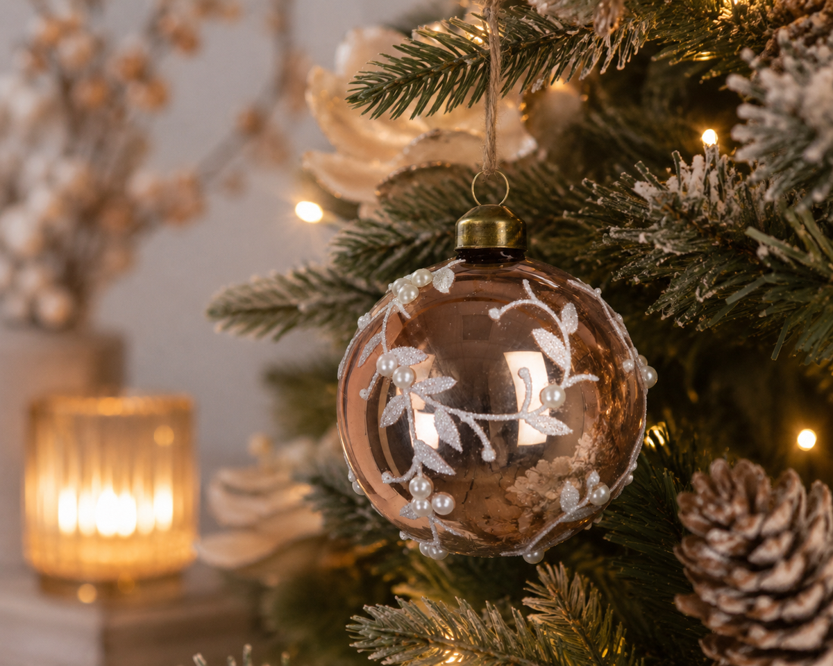 Glass Giavanna Bauble 8cm by Floralsilk – Blush Champagne Christmas Tree Decoration