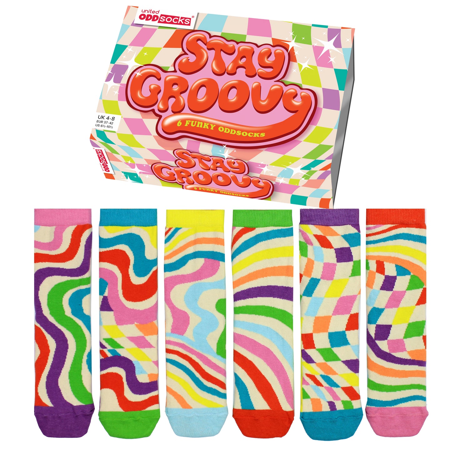 United Oddsocks Stay Groovy It 6 Odd Socks Gift Box-Ladies Size 4-8
