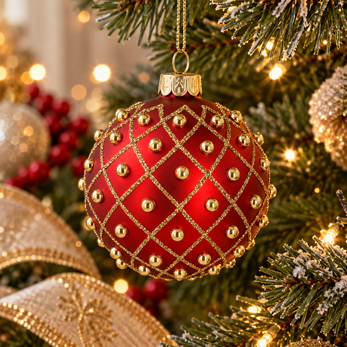 Gisela Graham Red & Gold Trellis Glass Bauble with Beads 8cm