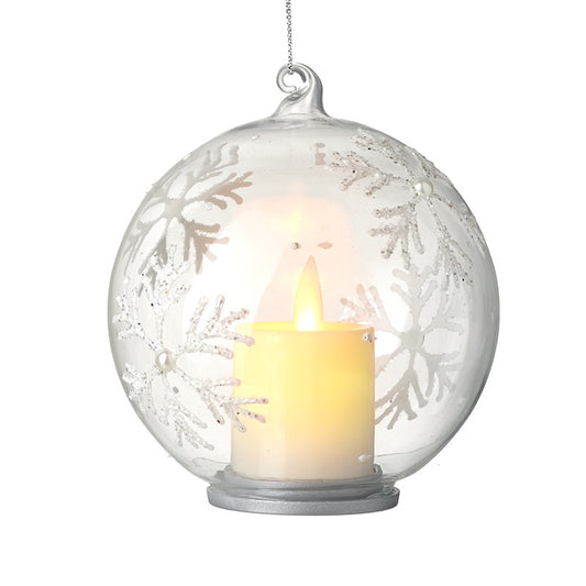 Glass Snowflake Christmas Bauble with LED Battery Candle 10cm