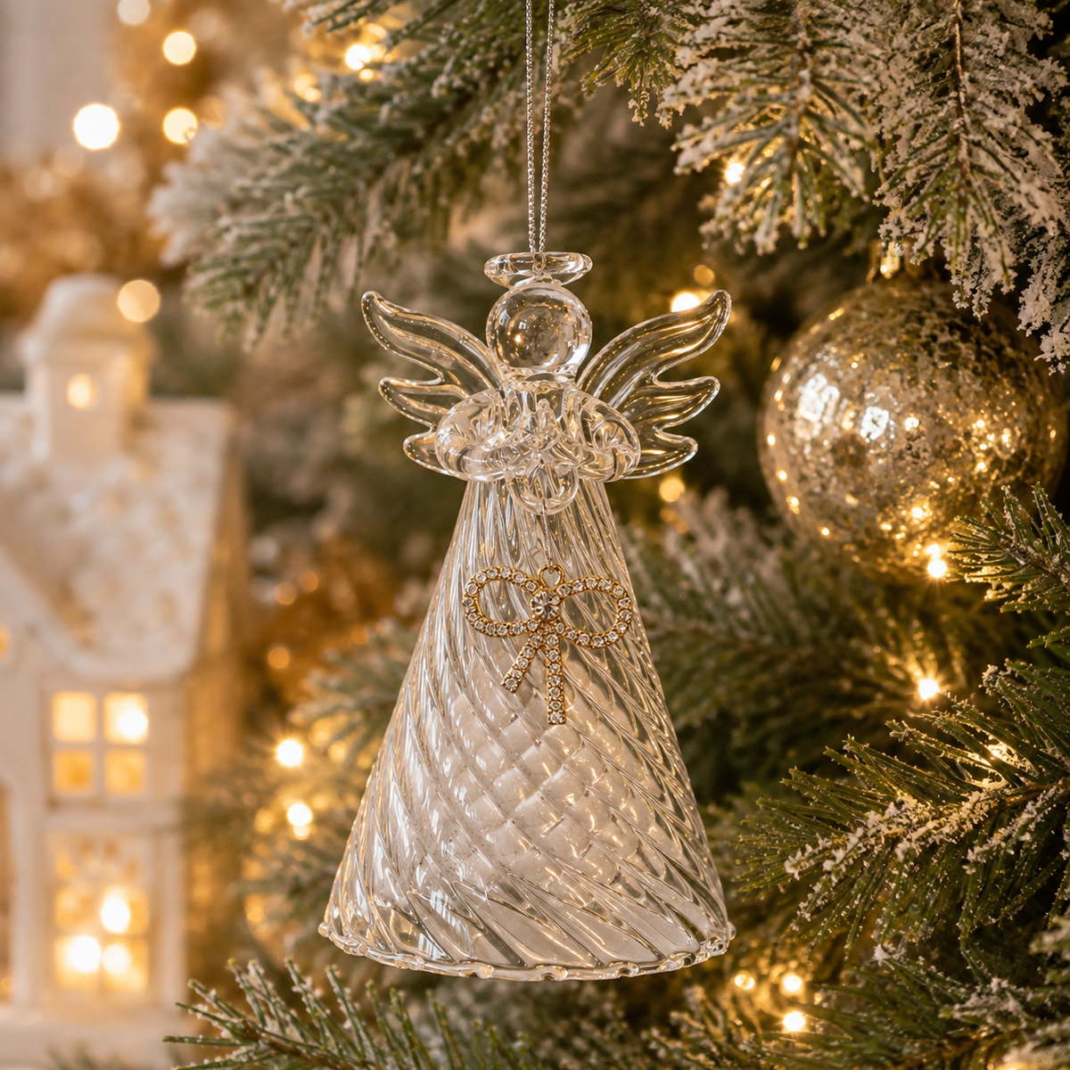 Glass Hanging Standing Angel With Bow