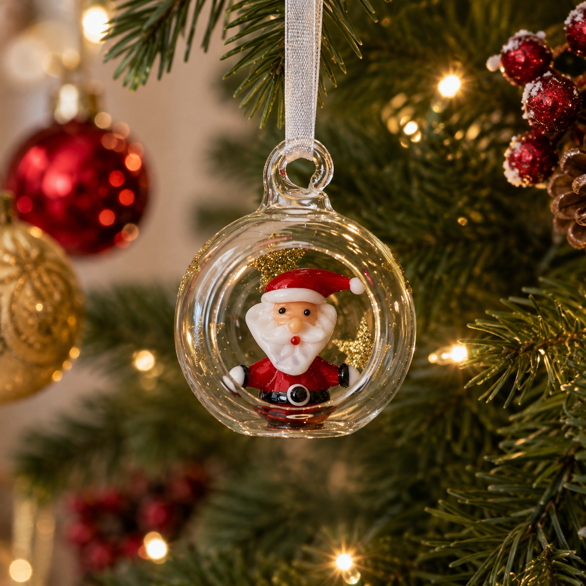 Clear & Gold Star Christmas Bauble With Santa