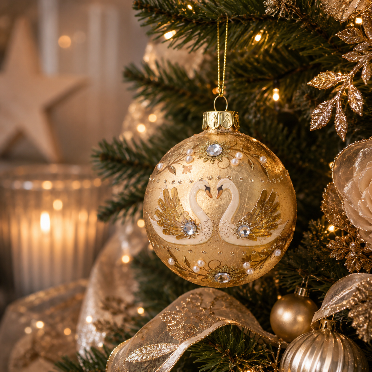 Glass Gold Leaf Two Swans Christmas Bauble Decoration 8cms