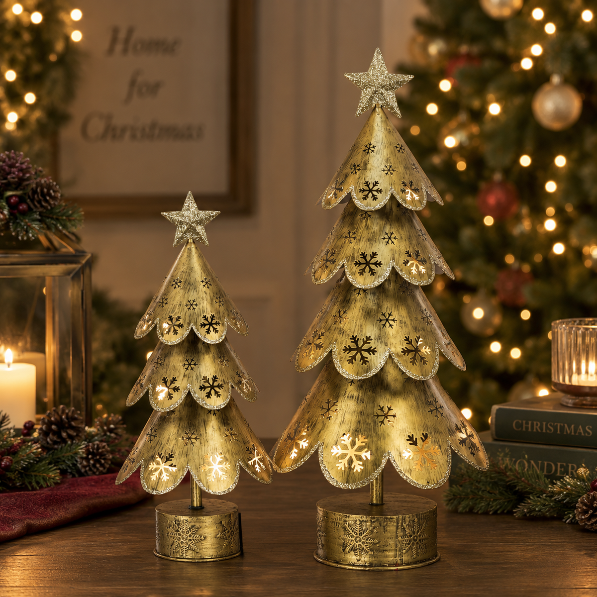 Gold Metal Christmas Tree with Snowflake Cut-Outs (27cm & 35cm)