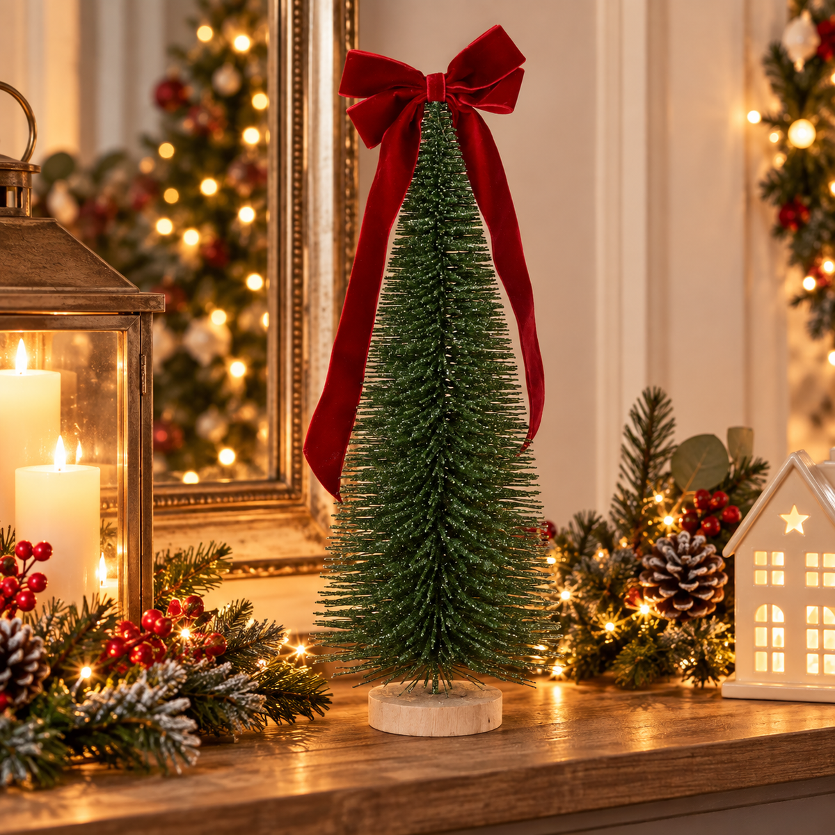 Gisela Graham Green Bristle Christmas Tree with Red Velvet Bow 38cm