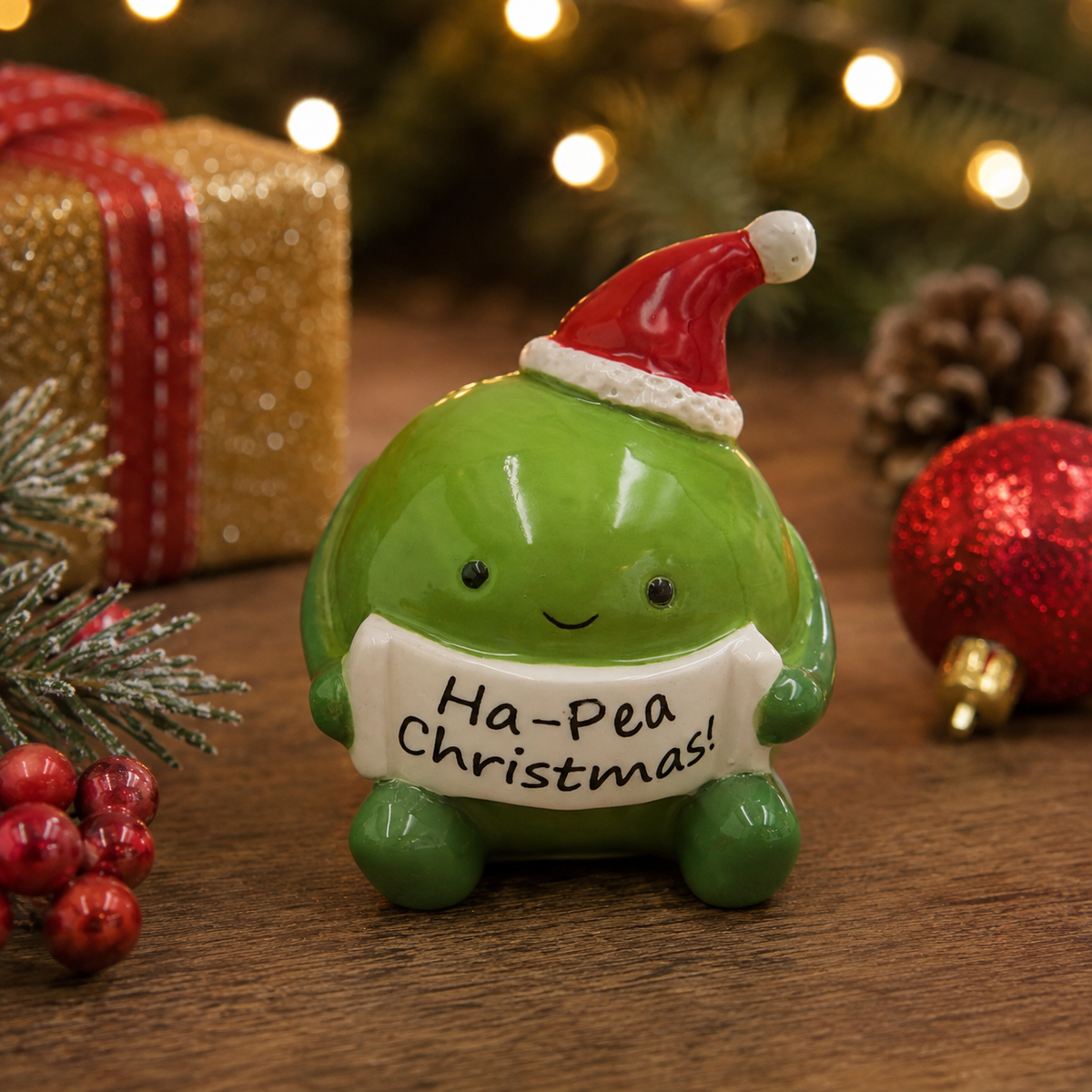 Ceramic “Ha-Pea Christmas” Sitting Pea Decoration