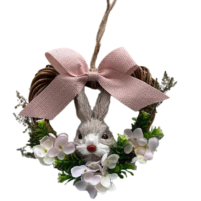 Easter Rabbit Heart Rustic Wicker Wreath With Pink Bow & Flowers
