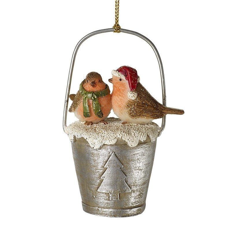 Hanging Robins On Christmas Tree Bucket