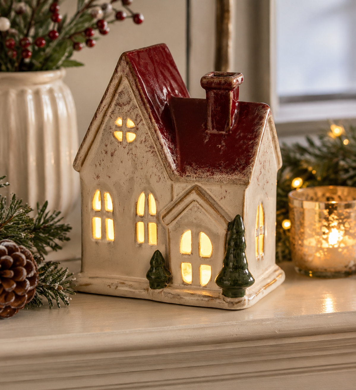 Light Up Red Roof Christmas House 18cm