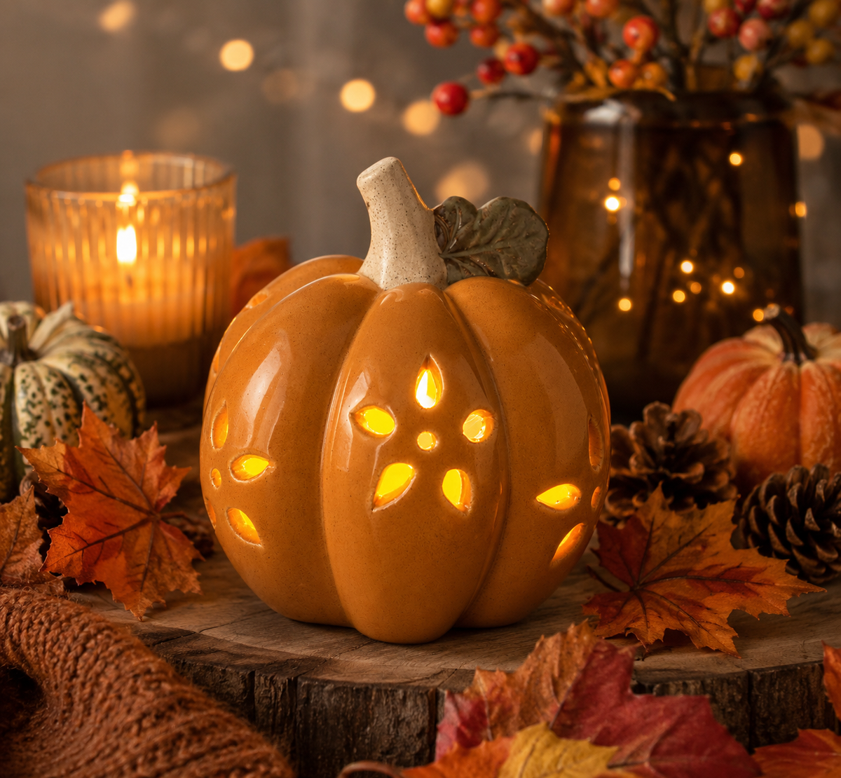 Porcelain Battery LED Pumpkin 13.5cm