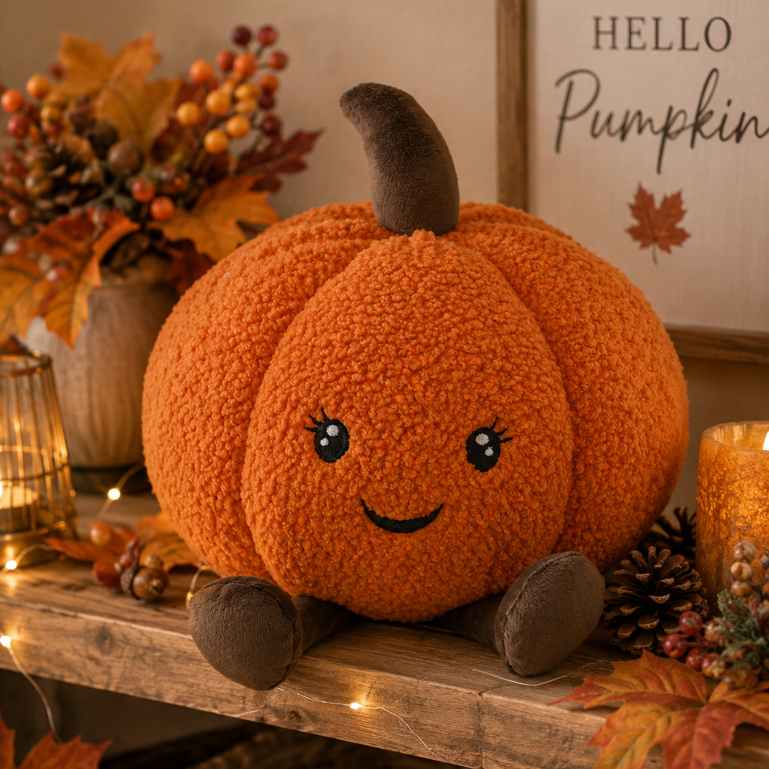 A plush orange pumpkin pillow with a smiling face and dark brown stem and feet, displayed on a wooden shelf in a cozy fall setting with autumn leaves, candles, and a framed sign that reads 'HELLO Pumpkin'.