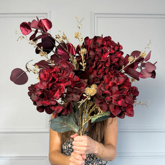 Burgundy & Gold Faux Hydrangea & Thistle Bouquet 87cm by Floralsilk