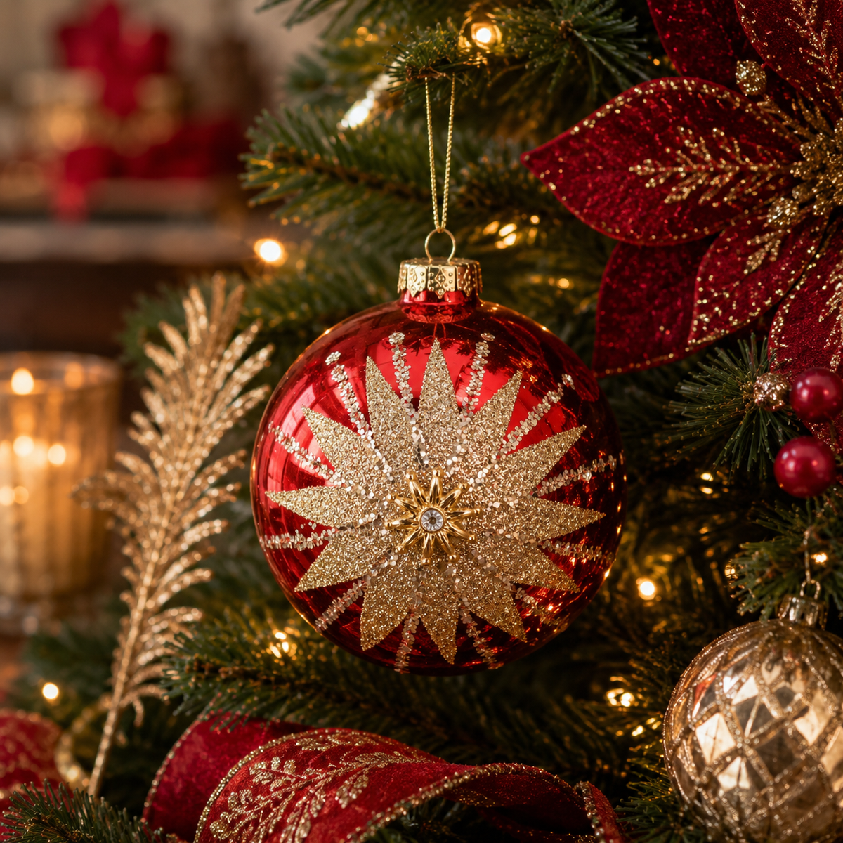 Red Mirror & Gold Starburst Glass Bauble 10cm