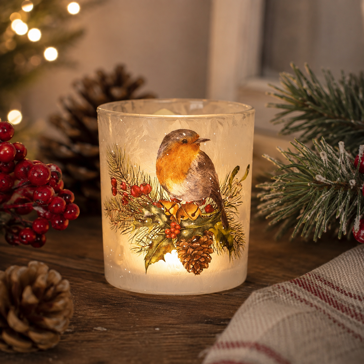 Robin With Festive Holly Berries Pinecone Frosted Glass T-Light Holder