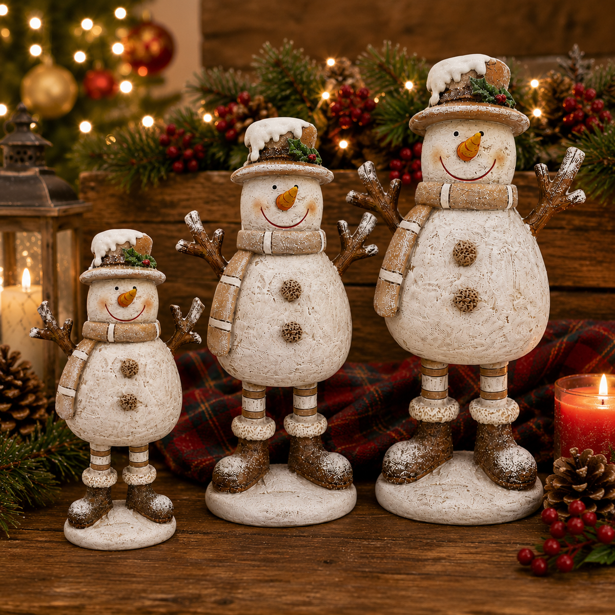 Resin Standing Snowman Christmas Figure with Brown Hat by Giftware Trading – 3 Sizes