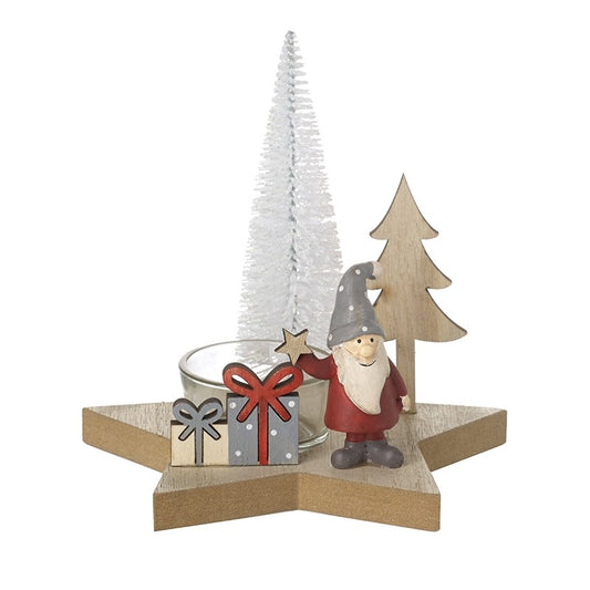 Wooden Star T Light Holder with Christmas Scene