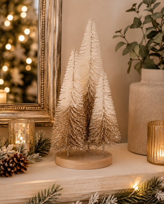 Set of 3 Gold & White Brush Trees 29cm