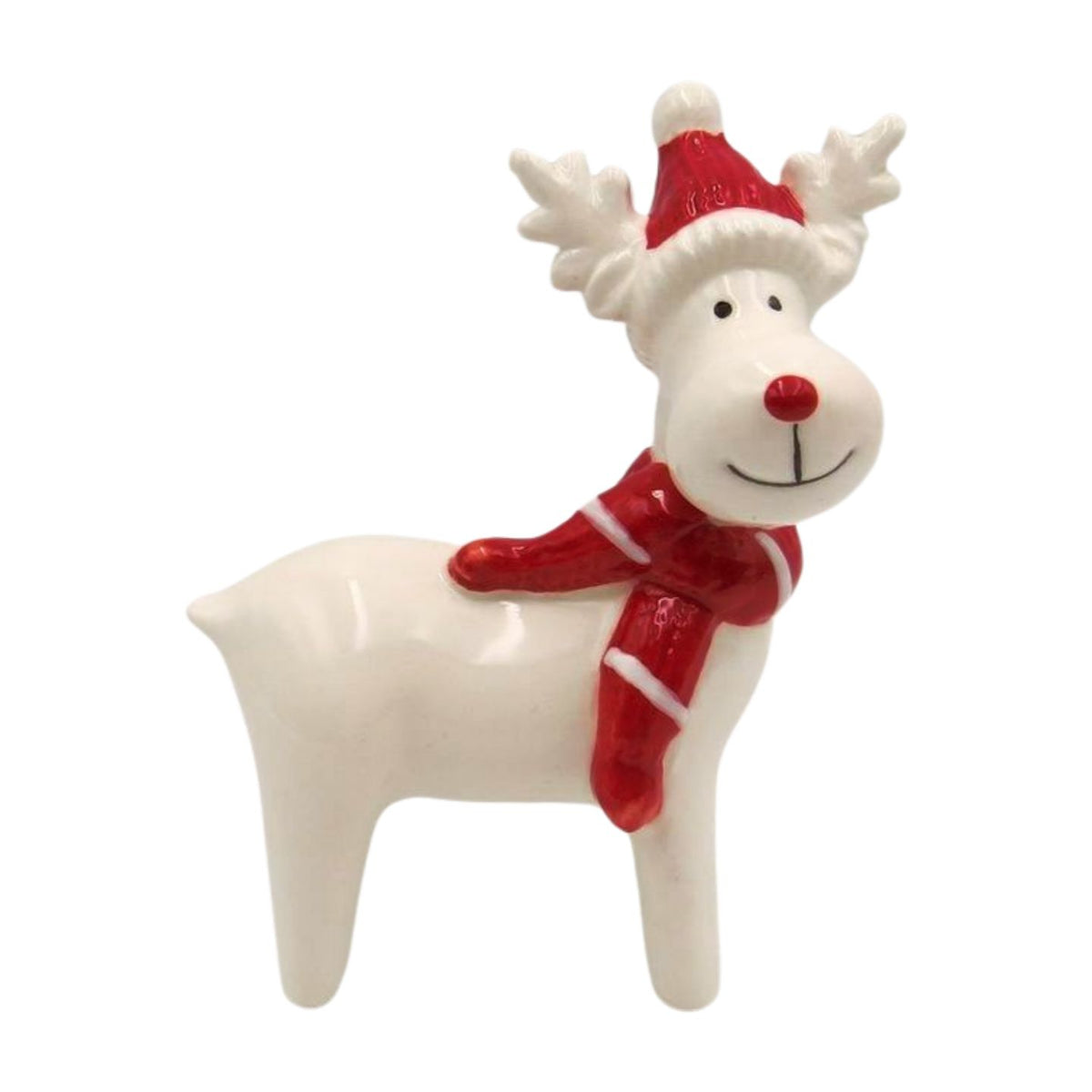 Ceramic White Christmas Reindeer with Red Nose & Scarf – 3 Sizes