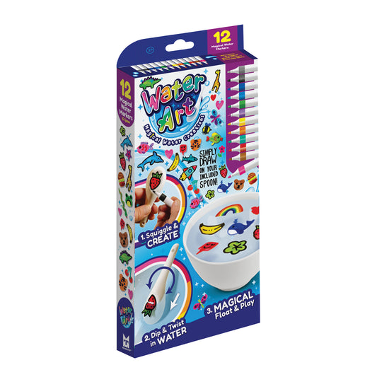 Water Art Kids Water Painting Kit in its retail packaging, featuring a box with illustrations of a paint palette, water bowl, and various colorful water-based art activities.