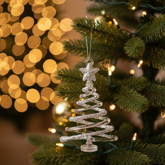 A spiral-shaped Christmas tree ornament made of clear acrylic with embedded silver glitter and a clear star topper, hanging against a plain white background.