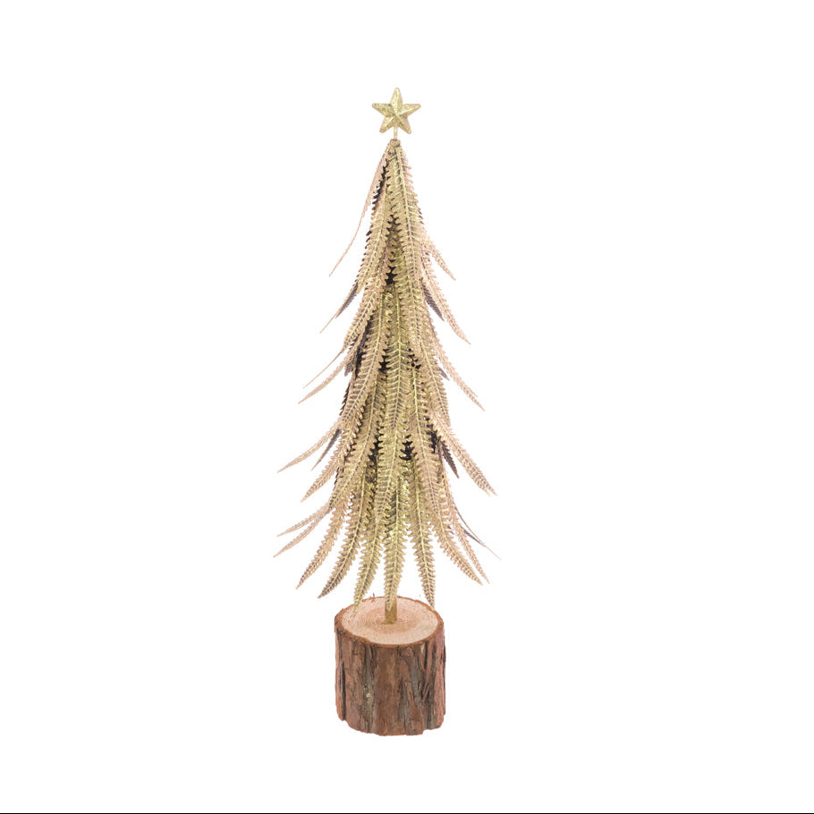 A 45cm decorative Christmas tree with metallic gold needle-like branches, a gold star topper, and a rustic wood slice base.