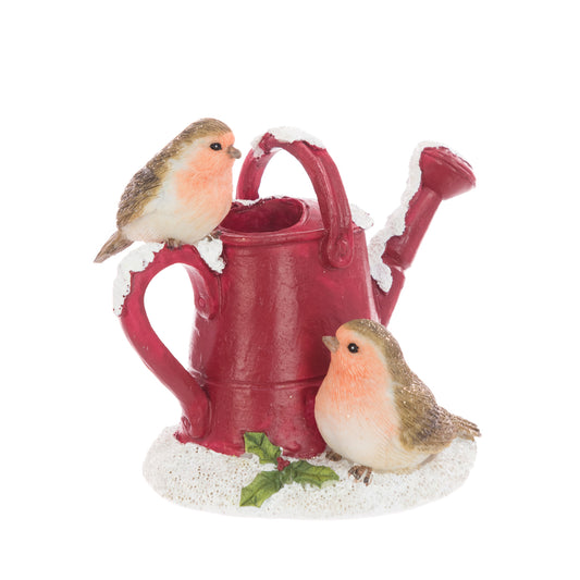 Resin Robins Watering Can 10cm by Floralsilk – Christmas Decoration