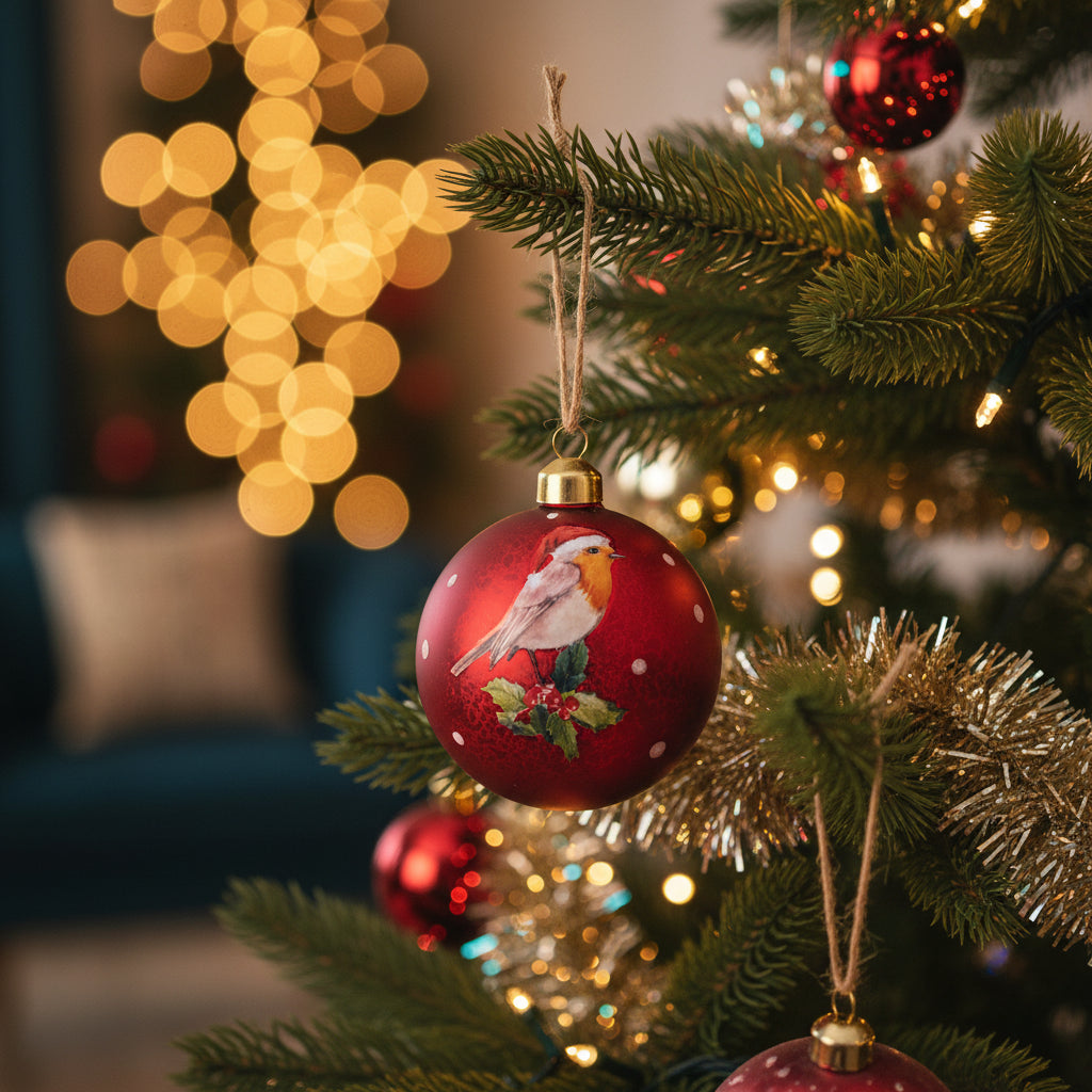 A red Christmas bauble ornament featuring a painted robin perched on holly leaves, with white polka dots and a gold cap.