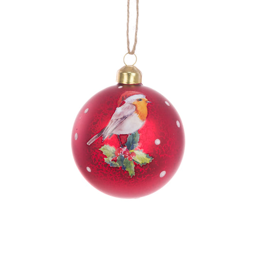 Red Robin & Holly Christmas Bauble 8cm