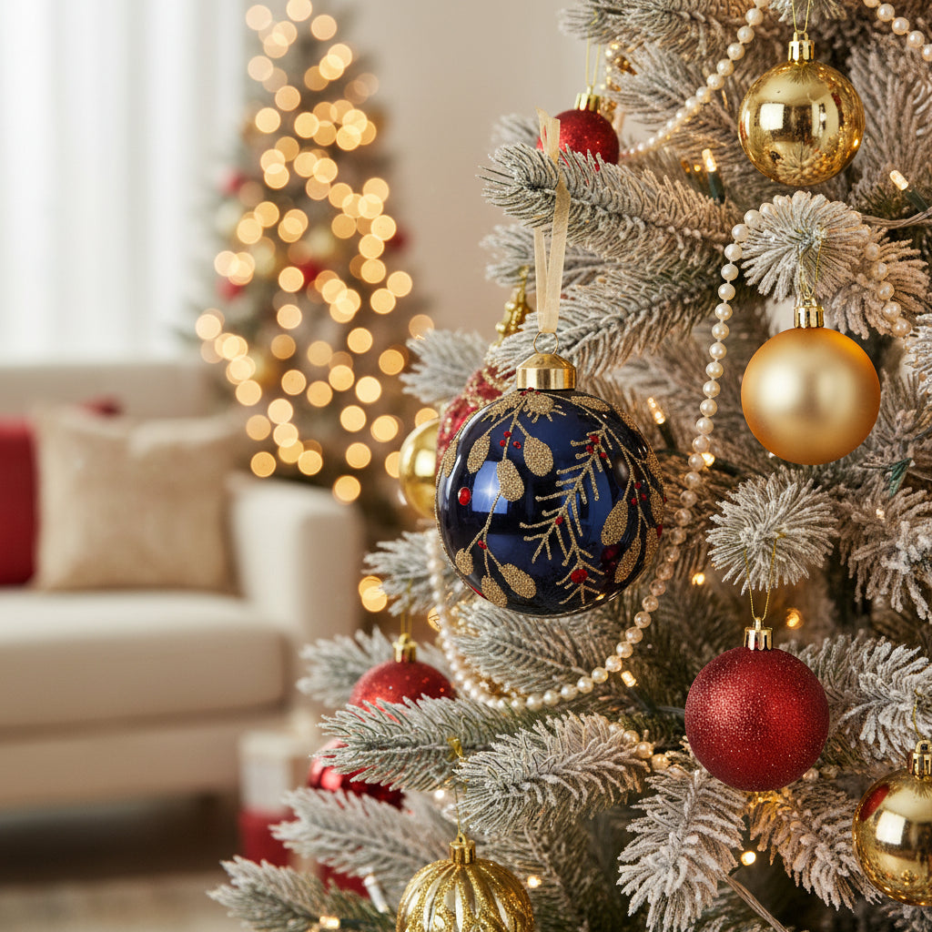 A spherical Christmas ornament in glossy dark blue glass, decorated with glittery gold pine branches, gold leaves, and small red berries, hanging from a white ribbon with a gold cap on a white background.