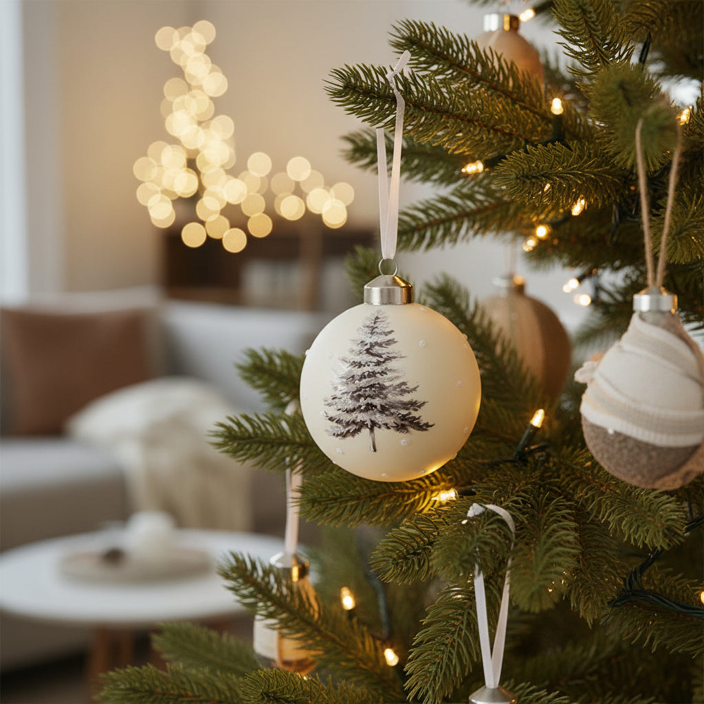 A round, frosted off-white Christmas ornament featuring a hand-painted dark gray pine tree with white snow-like accents and a silver cap, hanging from a white ribbon.