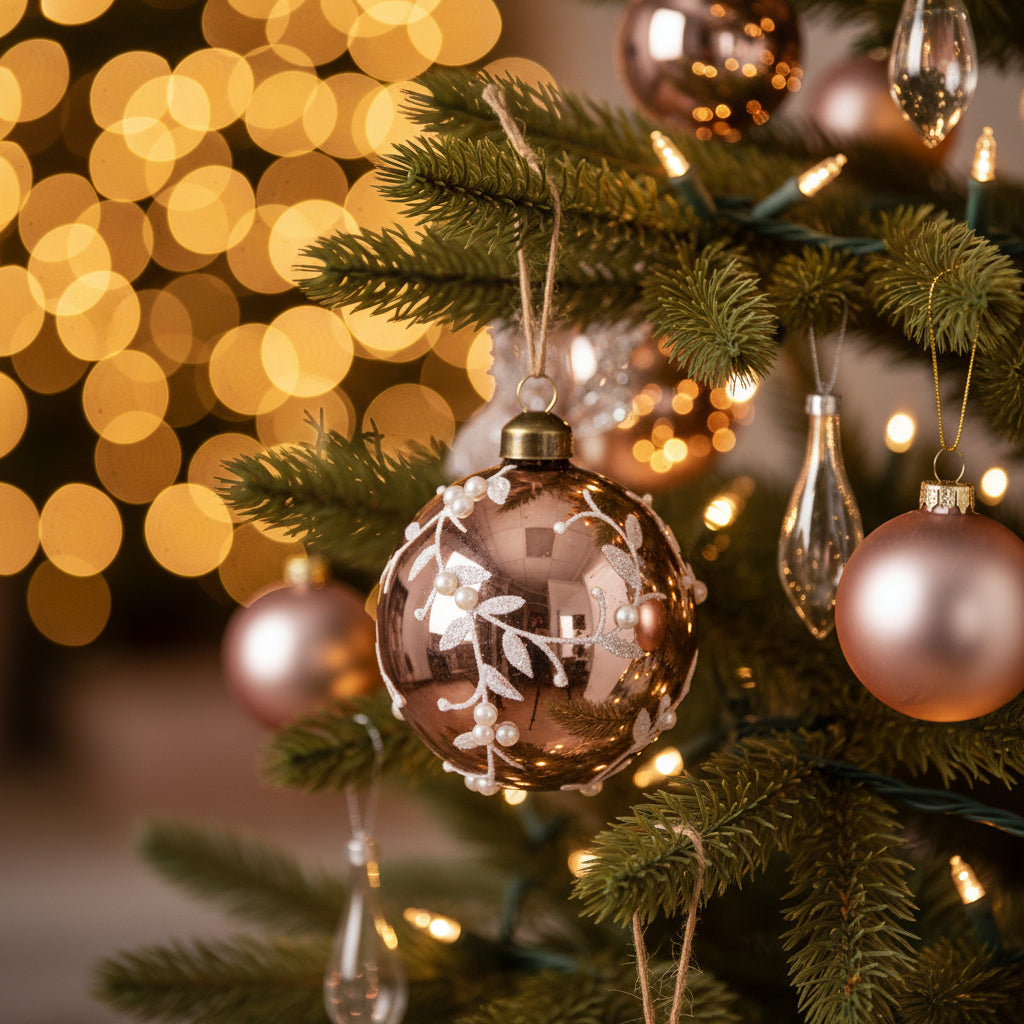 A close-up of a decorative rose-gold Christmas tree ornament with white floral patterns hanging on a green Christmas tree branch, with warm golden bokeh lights blurred in the background.