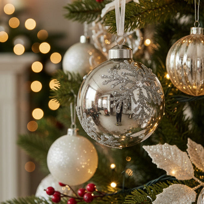 A round clear glass Christmas ornament decorated with silver glittery snowflakes and a silver cap, hanging from a white ribbon against a white background.