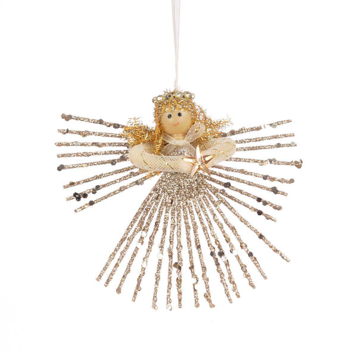 Gold Glitter Angel Christmas Tree Decoration with Star Hanging Ornament 13cm
