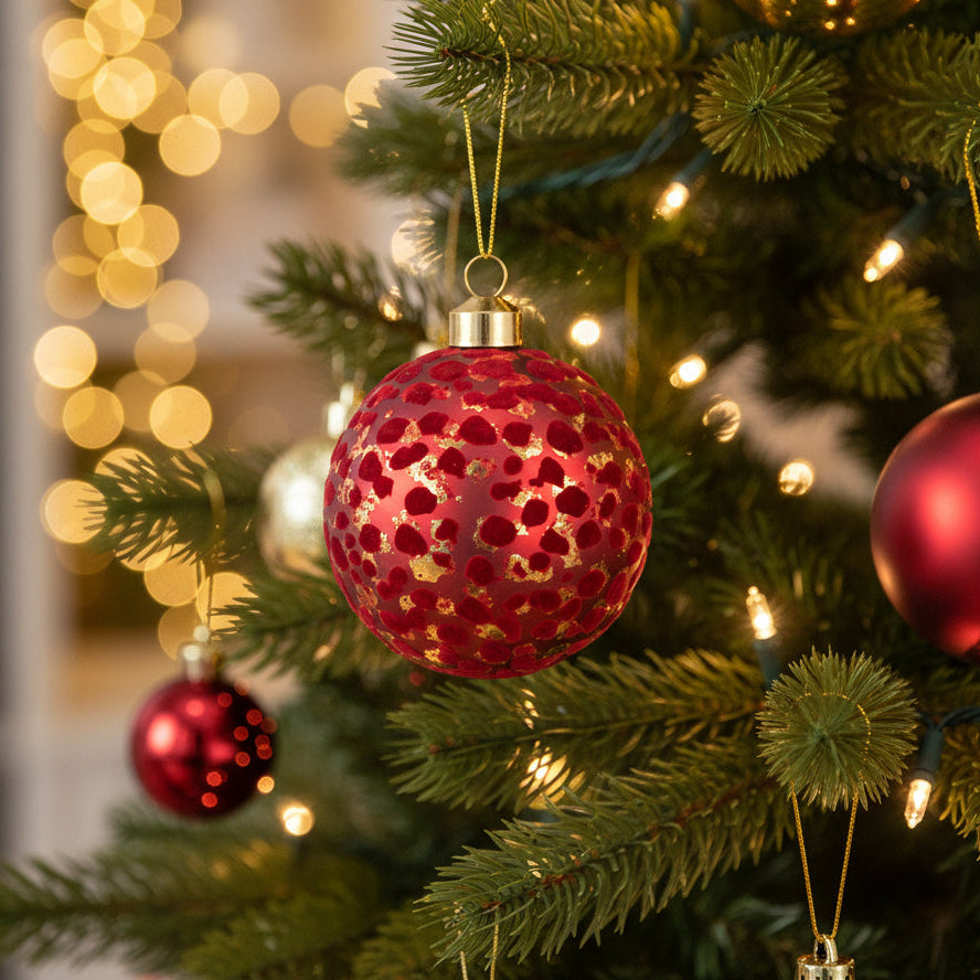 A red glass Christmas ornament with a textured, perforated pattern and gold glitter accents, hanging from a gold cap and wire on a white background.