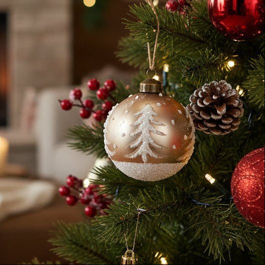 A close-up of a decorated Christmas tree in a cozy living room with a lit fireplace in the background. The tree features shiny red ornaments, a metallic gold and white ornament with a tree design, pinecones, and red berries.