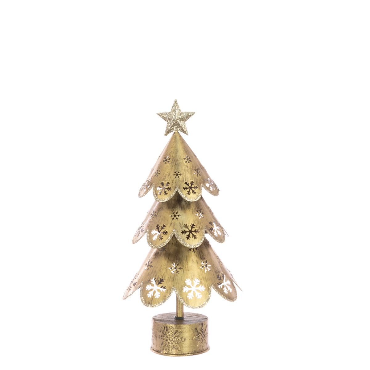 A small 27cm decorative Christmas tree made of layered metallic gold cutout panels with snowflake details, topped with a glittery gold star and standing on a round base, shown against a plain white background.